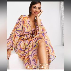 NWOT Never Fully Dressed frill midi dress in retro swirl print